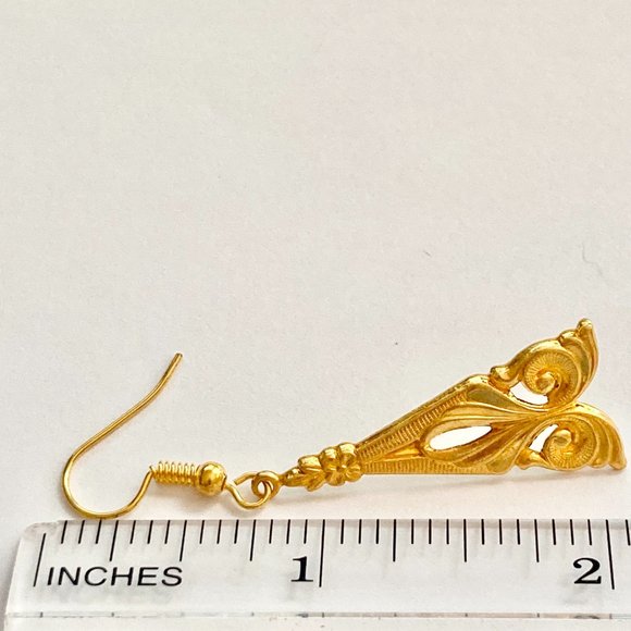Vintage Filigree Gold Plated Art Deco Earrings Dangle Triangle Nouveau - Picture 6 of 7